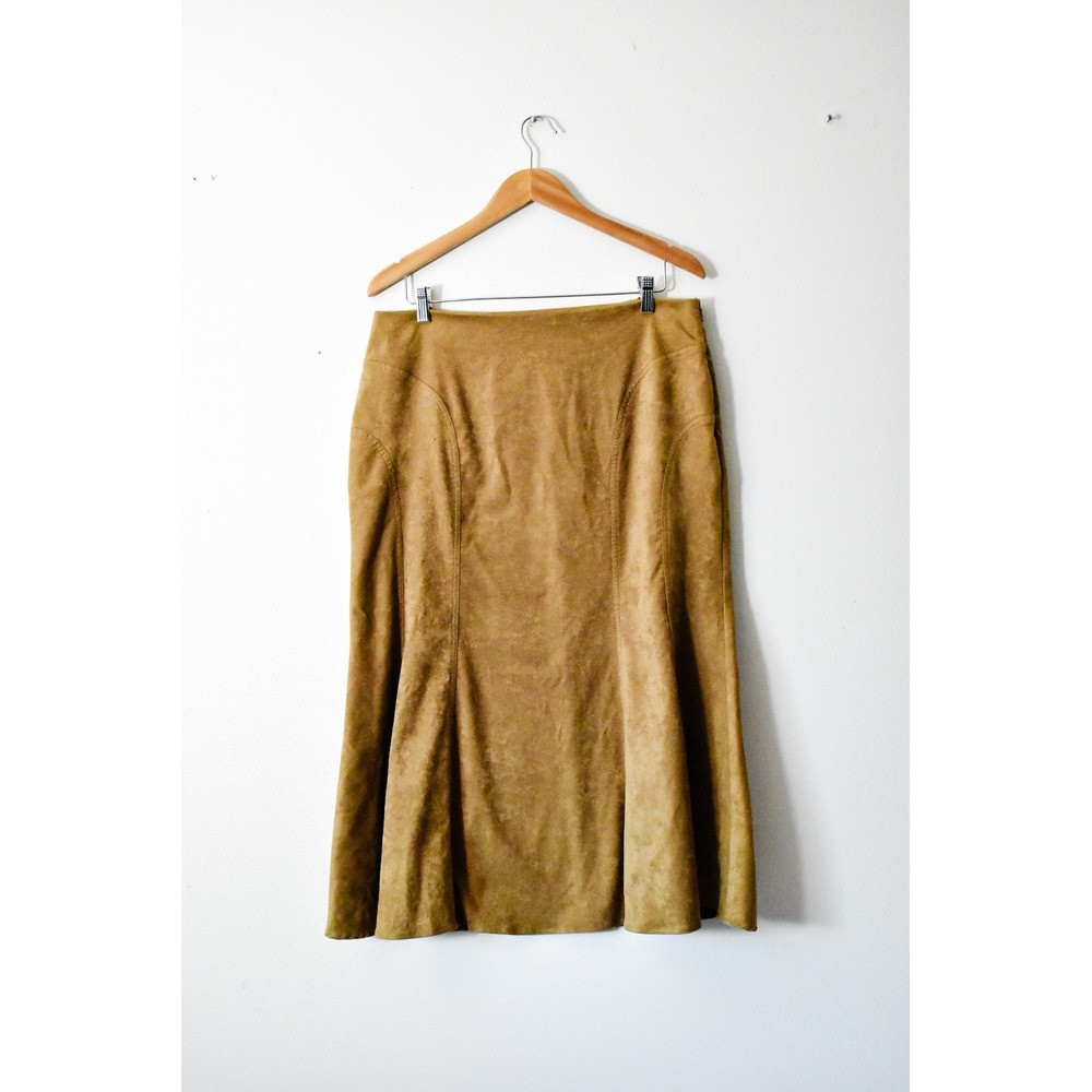 Liz Claiborne Skirt Womens 14 Tan Excellent Faux Suede Paneled Midi Flare